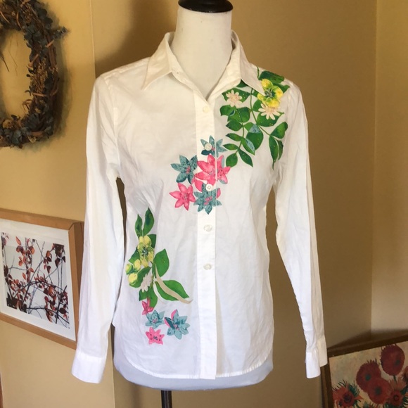 KATE HILL Size SP Watercolor Floral Graphic Button Front Blouse Sequin Beads NEW - Picture 3 of 16